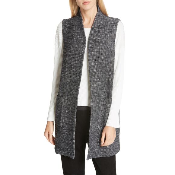 Eileen Fisher Organic Cotton Tweed Open-Front Pocket Vest Size L Large - Picture 1 of 10